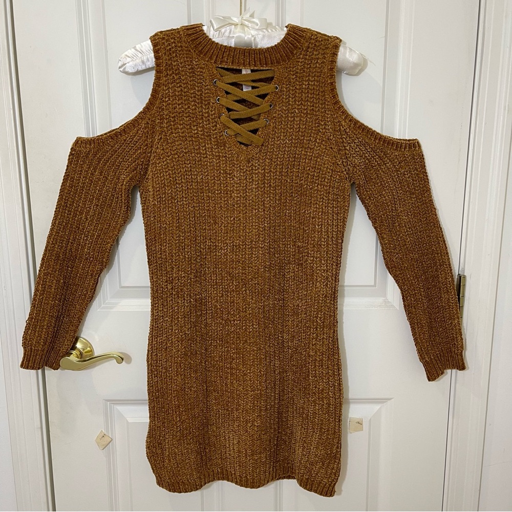 Brown Chenille Lace Up Cold Shoulder Sweater Dress XS